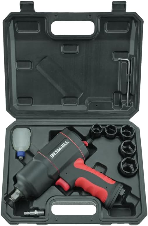 Beswell® 1/2-Inch Air Impact Wrench-1180 Foot-Pounds Max Loosen Torque Output-Well Balanced Lightweight 4.6Lbs-Includes 5-Pieces CR-V Steel SAE Impact Sockets Set & Carrying Case