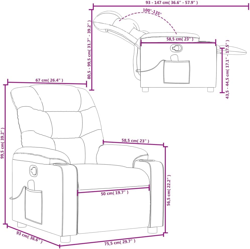 vidaXL Gray Faux Leather Massage Recliner Chair - Manual Reclining Lounge Seat with Cup Holders for Living Room Comfort