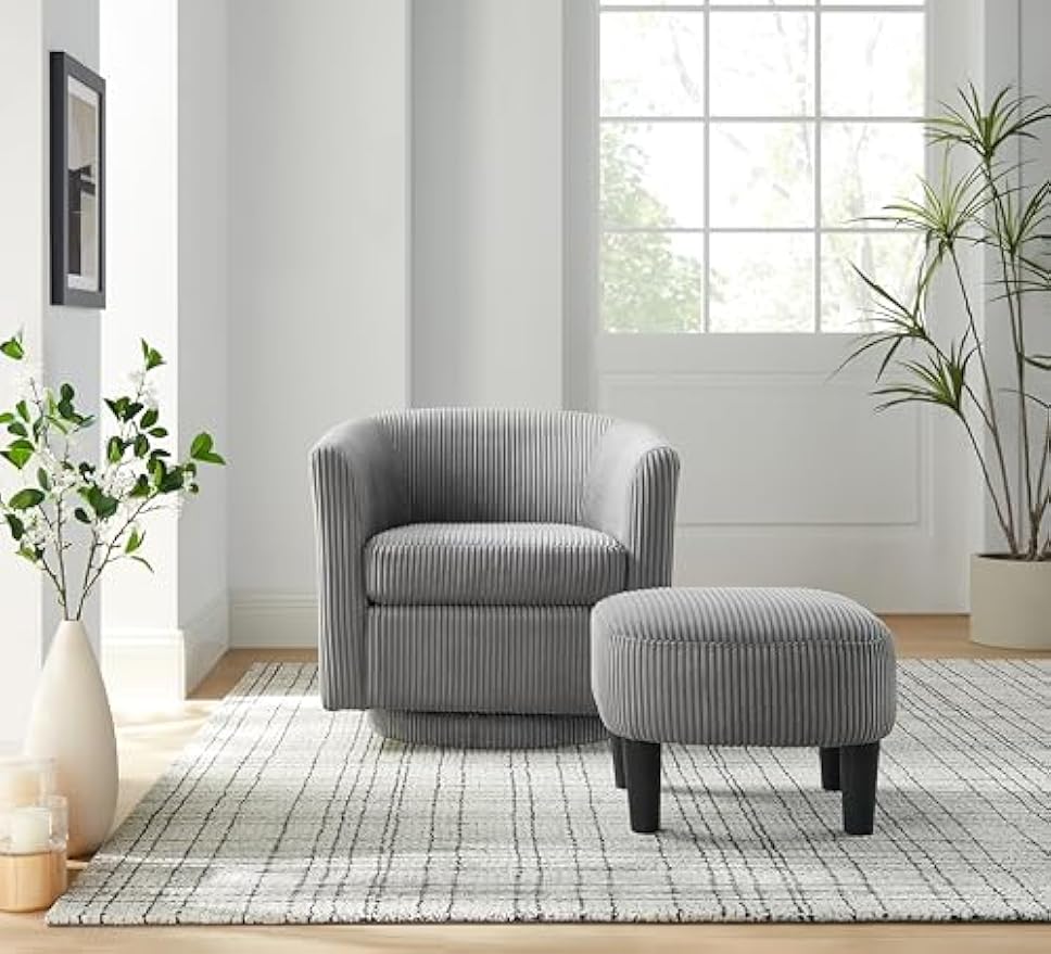 Swivel Accent Chair, 360°Recliner Corduroy Arm Chair with Ottoman, Gray, Easy to Maintain, for Living Room, Bedroom & Small Space