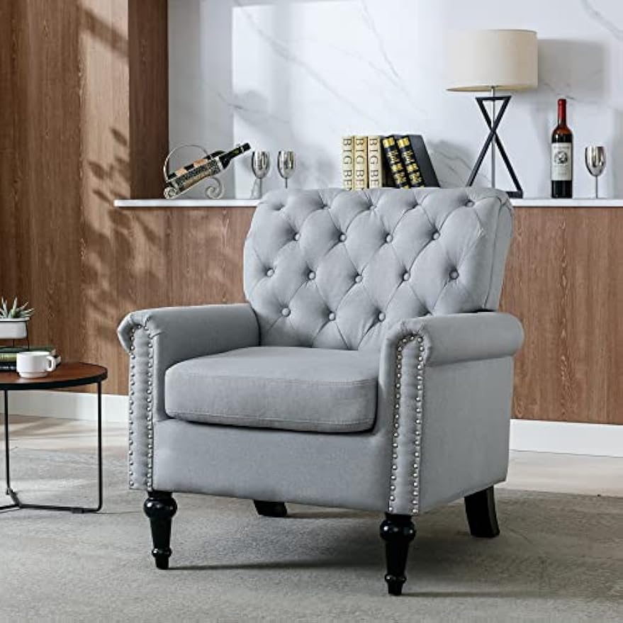 Upholstered Accent Chairs,Mid Century Armchair Sofa Chairs,Comfy Living Room Chair,Button Tufted Reading Chair for Living Room, Bedroom,Study (2, Grey)
