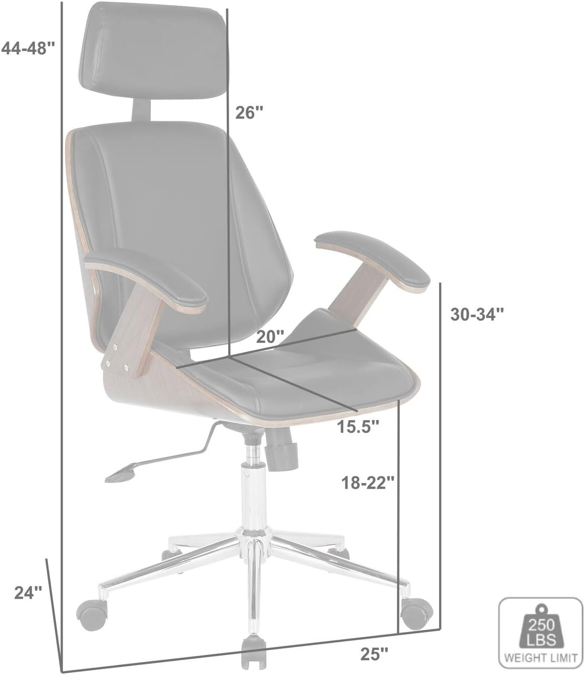 Armen Living Century Office Chair in Black Faux Leather and Walnut Wood, Chrome Finish