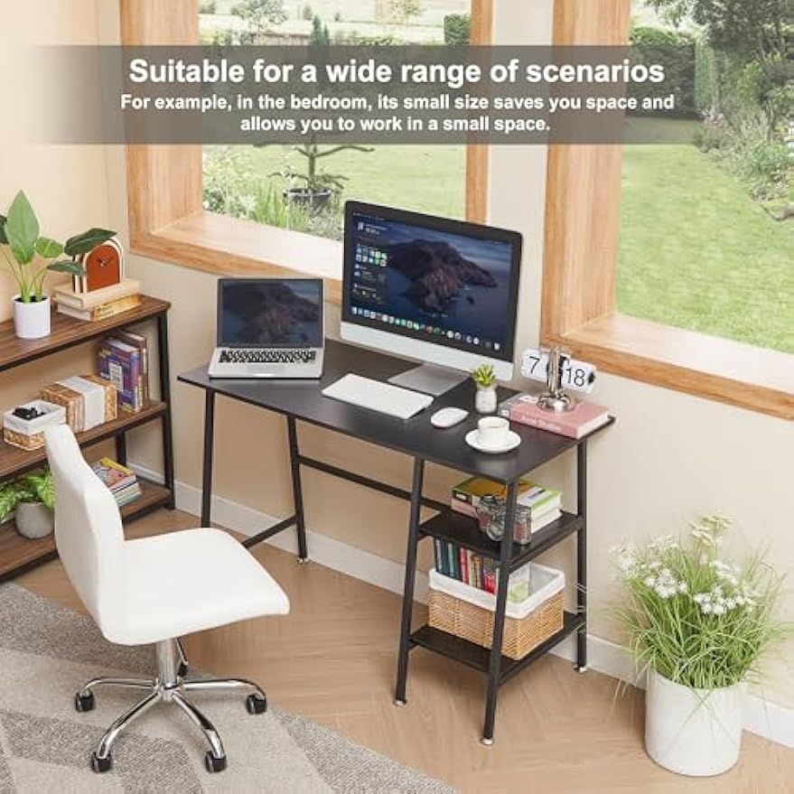 VECELO 43 Inch Computer Home Office Desk Modern Simple Writing Desk with Storage for Bedroom Simple Table Modern Student Study Desk,Water Proof, Black+Black Leg