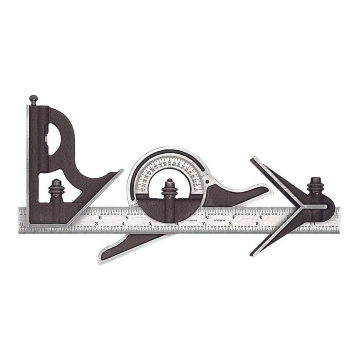 Starrett Combination Set with Square, Center and Reversible Protractor Head and Blade - 12" Blade Length, Forged and Hardened Steel, 16R Graduation Type - C434-12-16R