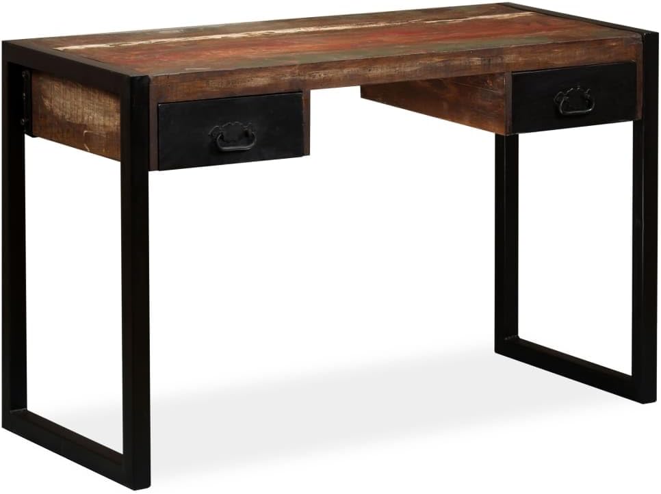 vidaXL Solid Wood Desk - Industrial Style Writing Desk with 2 Drawers, Durable Steel Frame, Multifunctional Home Office Furniture, 43.3"x19.7"x30.3"