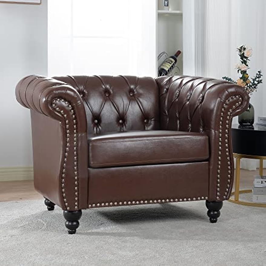 Bellemave Chesterfield Leather Club Chair, Single Tufted Sofa, Throne Chair, Vintage Living Room Furniture, Accent Rolled Arm Chairs for Bedroom Apartment, Dark Brown PU