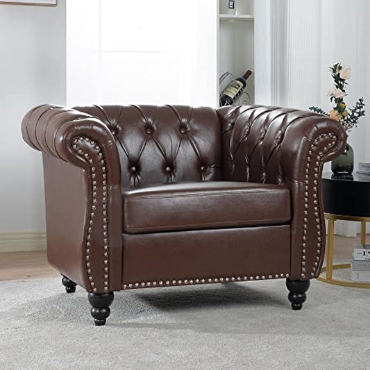 Bellemave Chesterfield Leather Club Chair, Single Tufted Sofa, Throne Chair, Vintage Living Room Furniture, Accent Rolled Arm Chairs for Bedroom Apartment, Dark Brown PU