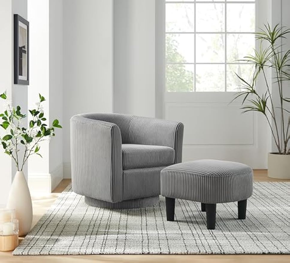 Swivel Accent Chair, 360°Recliner Corduroy Arm Chair with Ottoman, Gray, Easy to Maintain, for Living Room, Bedroom & Small Space