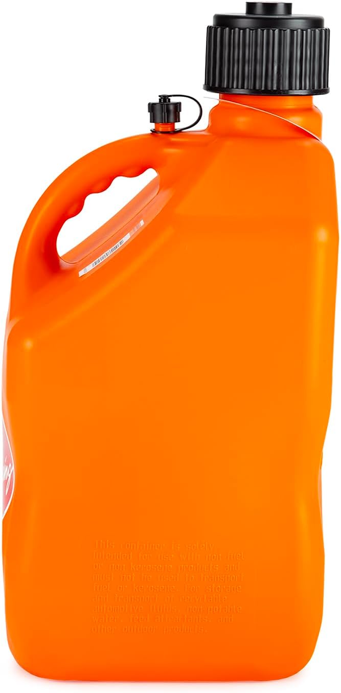 VP Racing Fuels 5 Gallon Square Motorsport Utility Jug Orange w/ 14 Inch Standard Hose. Features Close-Trimmed Cap and Neck for Tight Seal