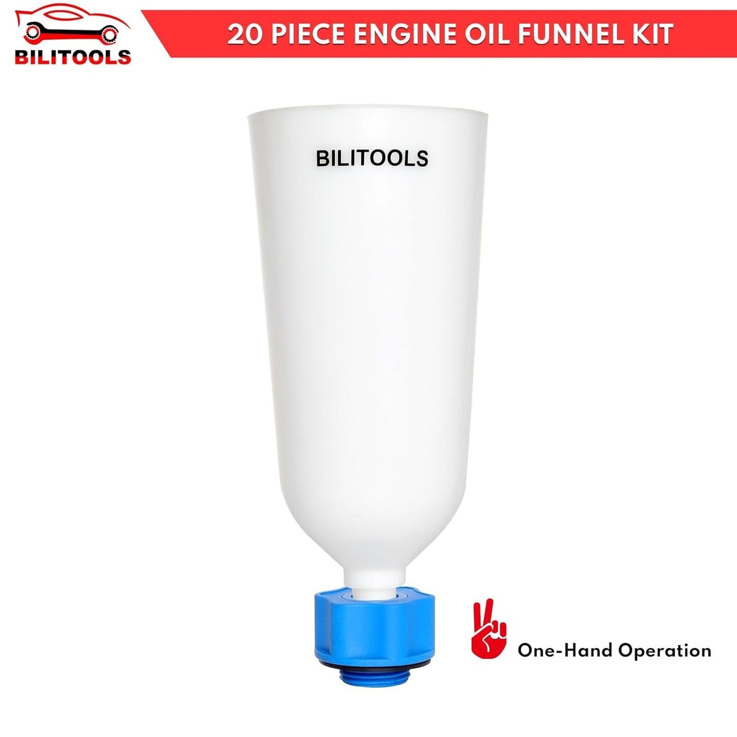 BILITOOLS Oil Funnel Kit for Engine Oil Change, Automotive Funnel Set with 15 Adapters, One-Hand Operation, No-Spill Design for Most Vehicles