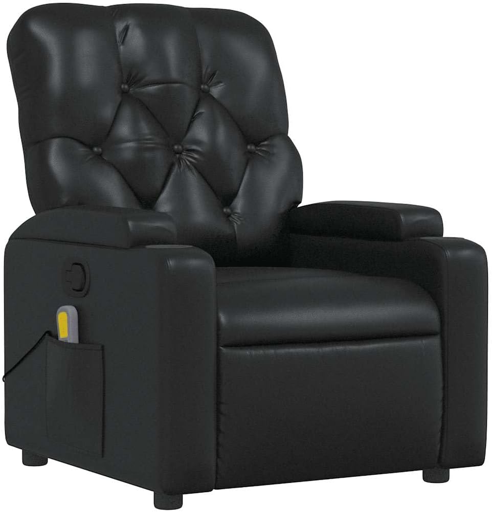 vidaXL Leather Massage Recliner Chair for Living Room, Home Theater, 6-Point Vibration Massage, Adjustable Back & Footrest, Cup Holders, Black