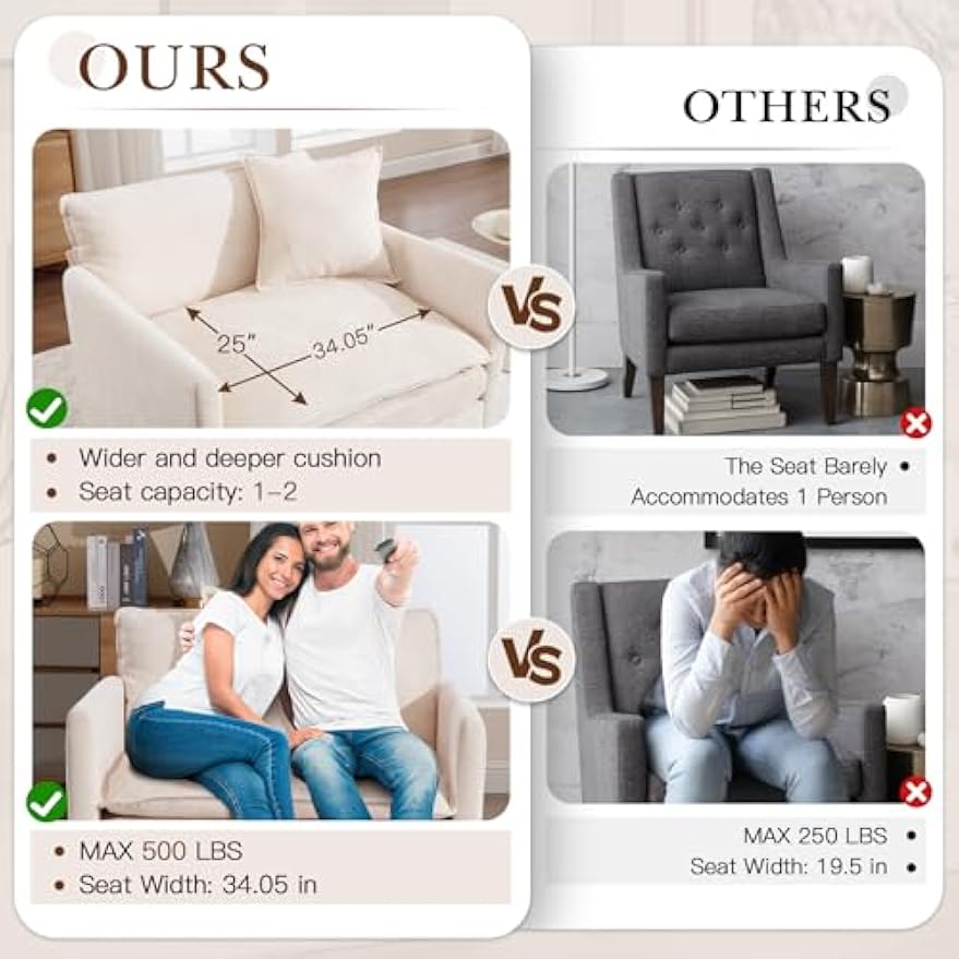 SLEERWAY Single Upholstered Oversized Chair, Modern Comfy Living Room Chair, Chenille Large Cloud Couch Accent Chair, Lounge Chair Indoor and A Half for Bedroom Office Apartment, Beige
