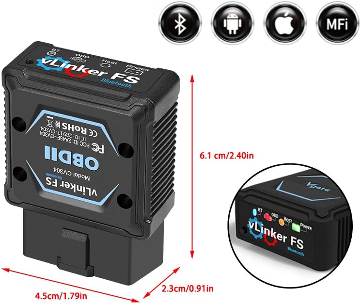 Vgate vLinker FS Bluetooth FORS-can 0BD2 Adapter for-d Fixd Car Diagnostic Tool OBD2 Scanner Bluetooth MS-CAN Work for iOS, Android & Windows, Black