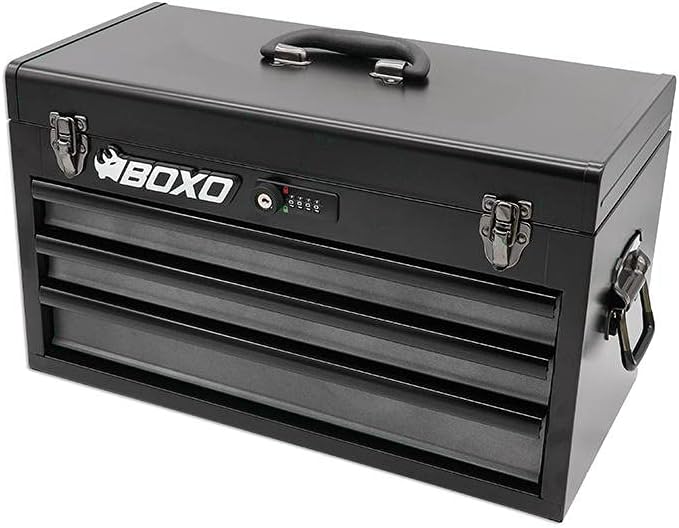 Boxo USA Heavy-Duty 3-Drawer Steel Tool Box - Portable Hand Carry Toolbox Organizer with Ball Bearing Slides & Secure Key & Digital Lock System (Black)