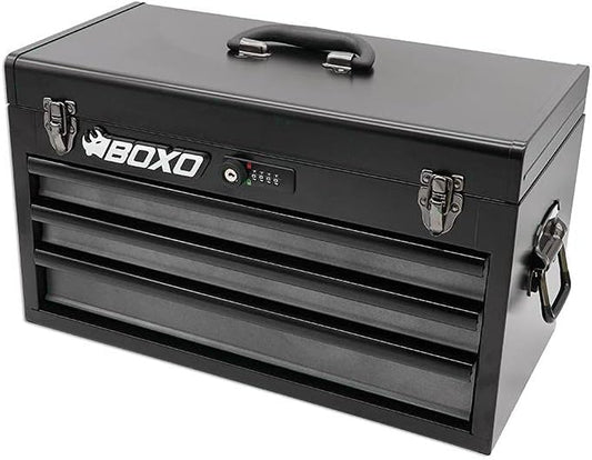 Boxo USA Heavy-Duty 3-Drawer Steel Tool Box - Portable Hand Carry Toolbox Organizer with Ball Bearing Slides & Secure Key & Digital Lock System (Black)