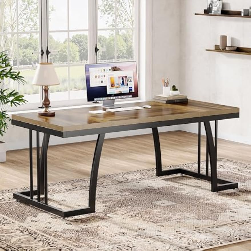 Tribesigns 63" Executive Desk, Large Office Computer Desk with Thick Wooden Desktop & Sturdy Metal Frame, Modern Simple Business Workstation Writing Study Table for Home Office, Rustic Brown & Black