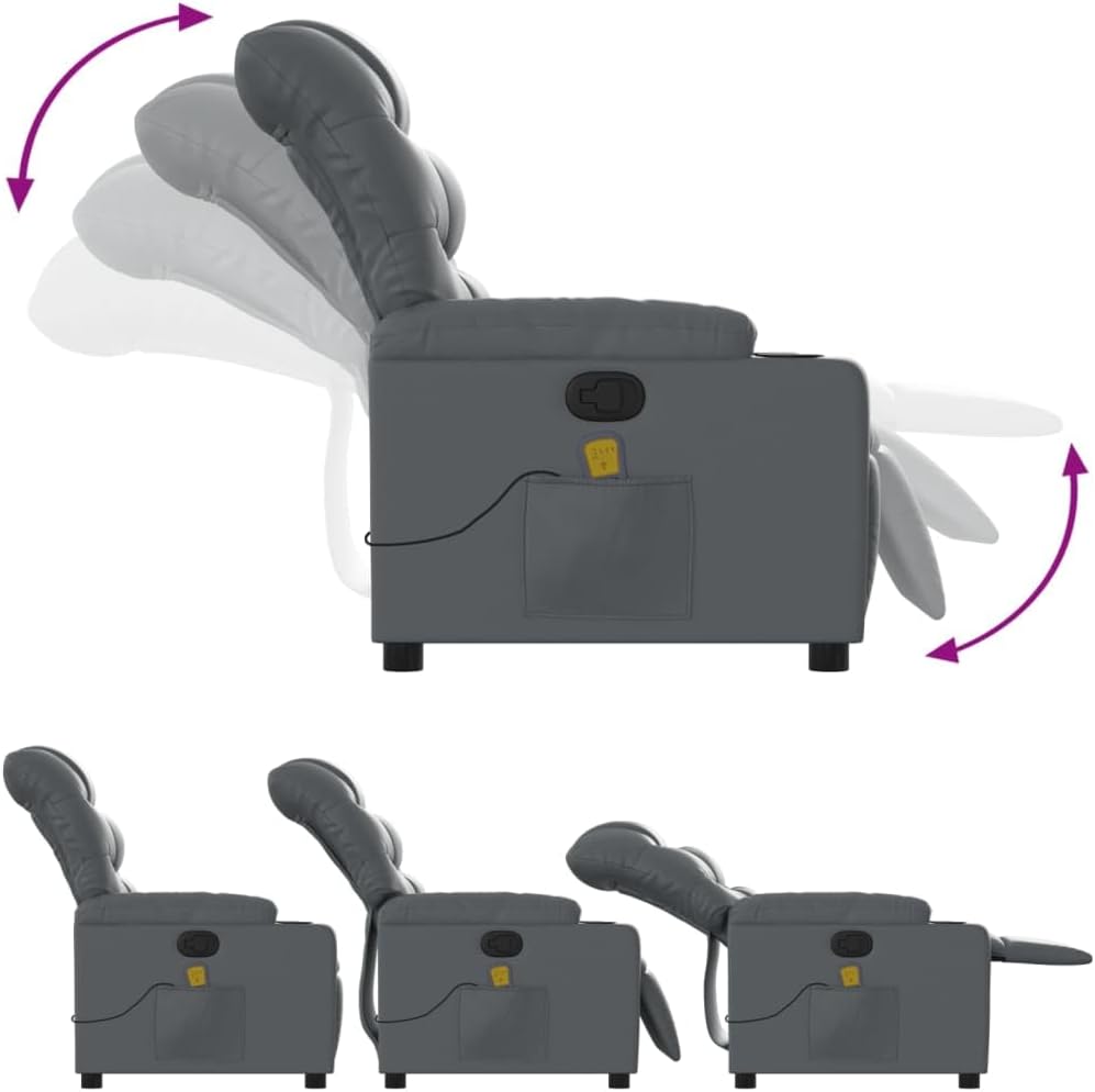 vidaXL Gray Faux Leather Massage Recliner Chair - Manual Reclining Lounge Seat with Cup Holders for Living Room Comfort