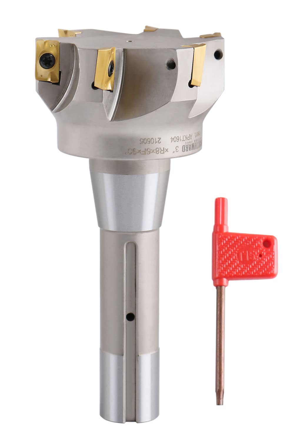 Accusize Industrial Tools 3 inch Cutting Diameter x 6-1/4'' Oal 90 Degree R8 Shank Indexable End Mill with 6 Apkt1604 Carbide Inserts, 0028-6908