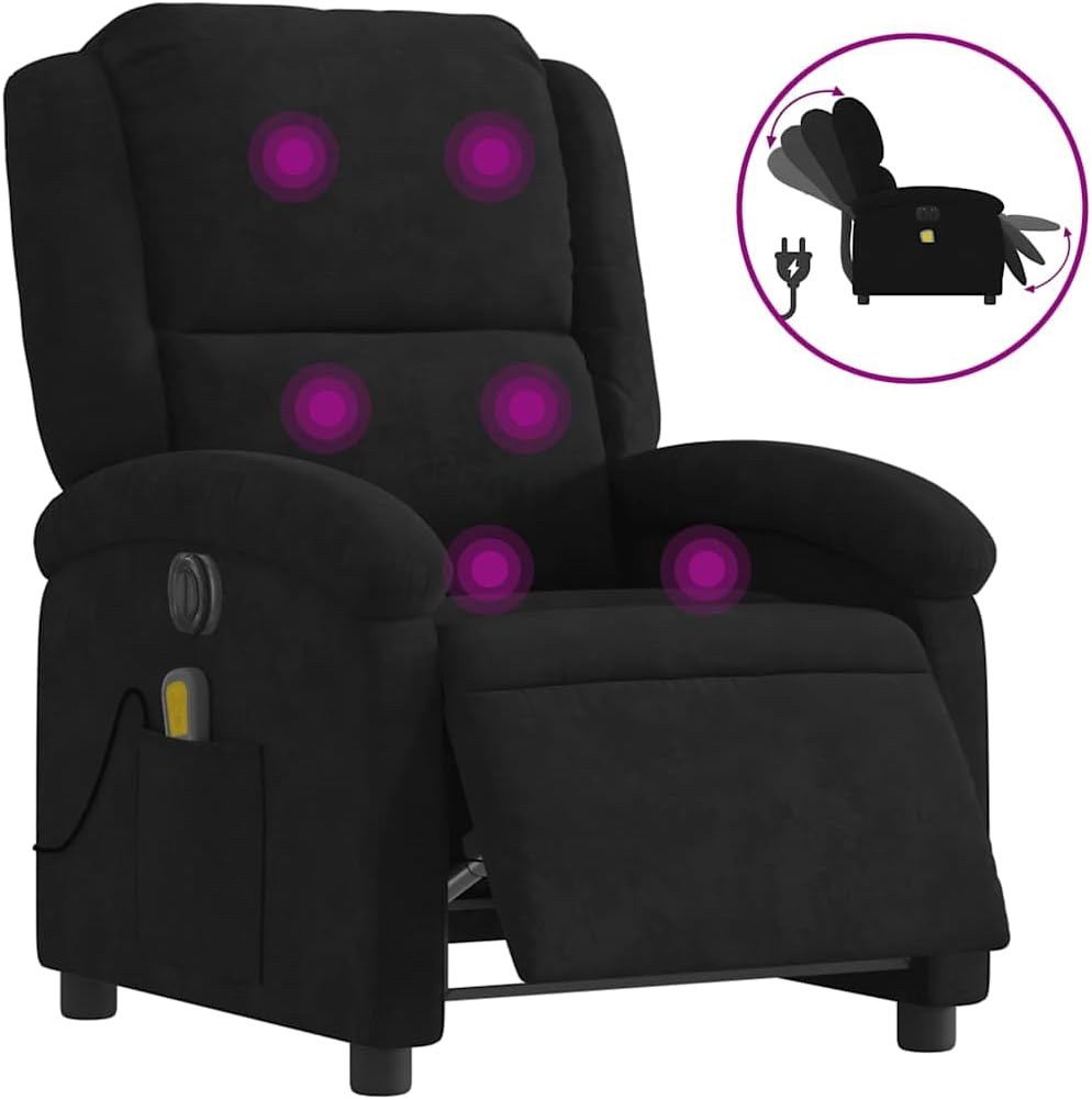vidaXL Electric Massage Recliner Chair - Wingback Black Velvet Armchair with Vibration Function & Motorized Recline for Living Room/Bedroom