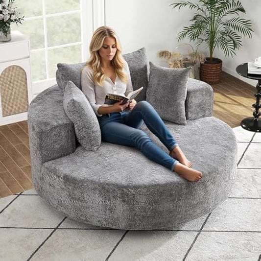 SLEERWAY 55" W Oversized Swivel Accent Chair, Large Barrel Chairs Upholstered Round Swivel Chair, Chenille Single Sofa Armchair, Modern Sleeper Chair for Living Room, Lounge and Projection Room, Grey