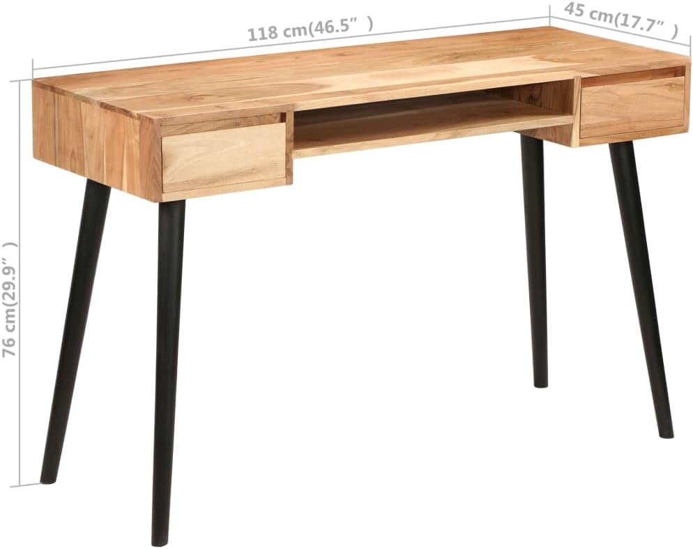 vidaXL Solid Acacia Wood Writing Table with Drawers and Shelf, 46.5"x17.7"x29.9", Easy-to-Assemble Home Office Desk with Unique Grain Design
