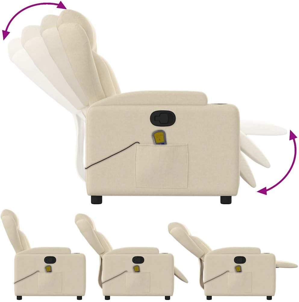 vidaXL Massage Recliner Chair - Cream Fabric - Manual Recliner with 6-Point Vibration Massage, Cup Holders, and Side Pocket for Living Room/Office - Adjustable Footrest and Backrest