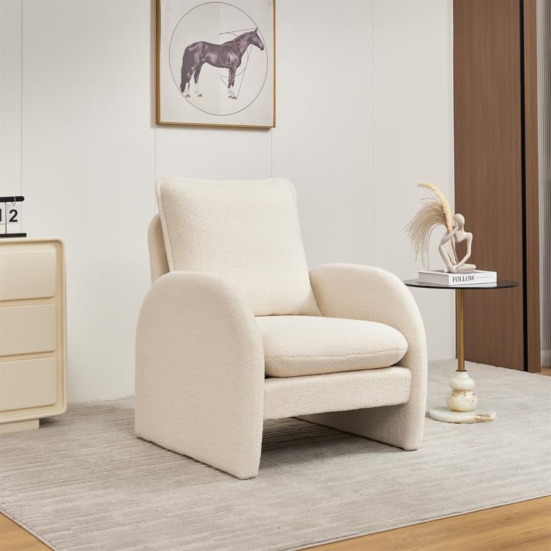 Accent Chair, Accent Chairs for Living Room with Backrest & Armrest, Upholstered Living Room Chair in Lamb Fabric, Comfy Armchair Reading Chair for Bedroom, Small Space, Office, Reading Room, Beige