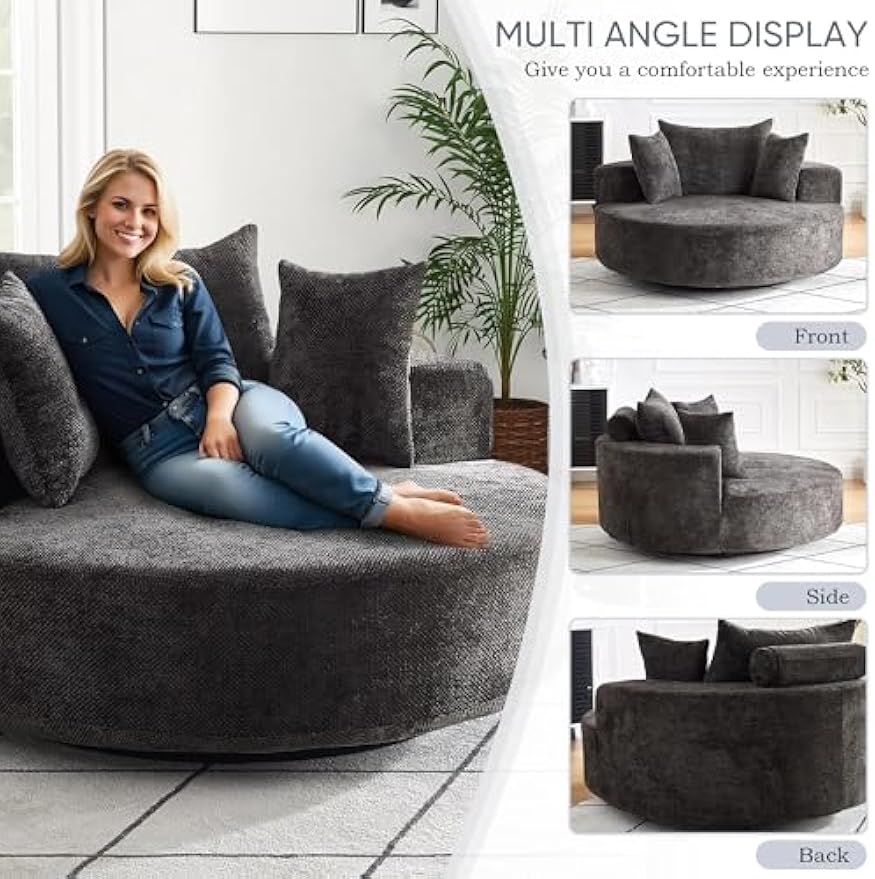 SLEERWAY 55"W Oversized Swivel Accent Chair, Large Barrel Chairs Upholstered Round Swivel Chair, Chenille Single Sofa Armchair, Modern Sleeper Chair for Living Room, Lounge and Projection Room, Black