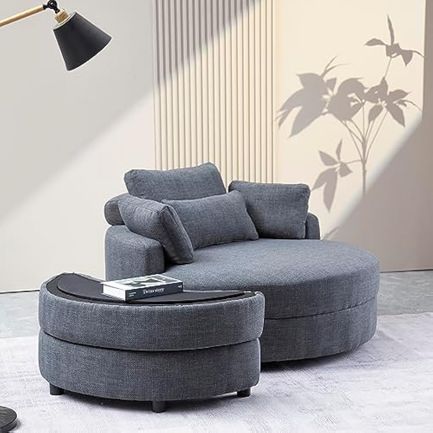 51.2" Oversized Accent Barrel Chair with Adjustable Headrest, Storage Ottoman and 4 Pillows, Round Barrel Armchair Leisure Club Cozy Round Chair for Home Apartment Hotel Living Room