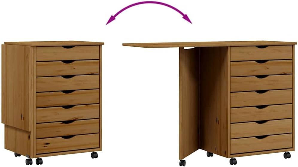 vidaXL Moss 7-Drawer Chest with Foldable Desk, Solid Pine Wood Mobile File Cabinet, Storage Cabinet on Wheels, Chest of Drawers for Home Office, Easy Assembly & Maintenance, Honey Brown