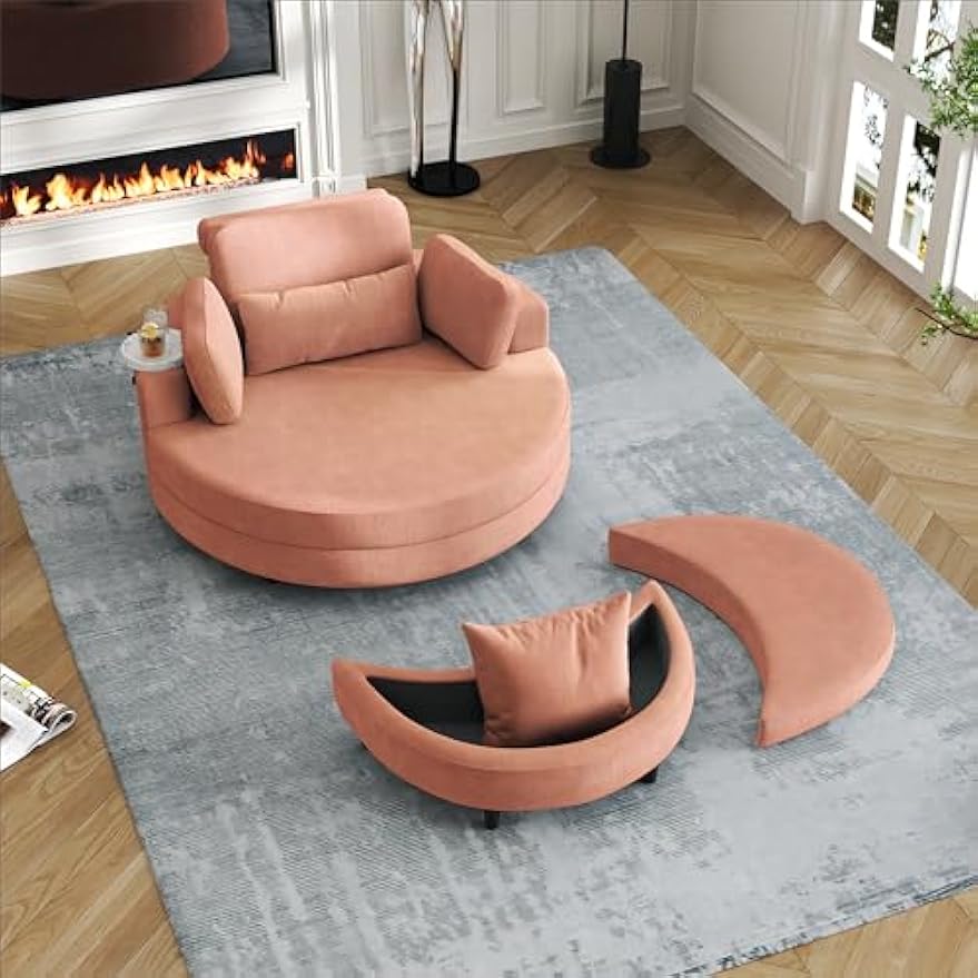 51" Oversized Round Accent Barrel Chair Leisure Chaise Lounge w/Removable Headrest and Cup Tray, Corduroy Upholstered Reading Armchair with Half Moon Storage Ottoman for Living Room Hotel Lobby