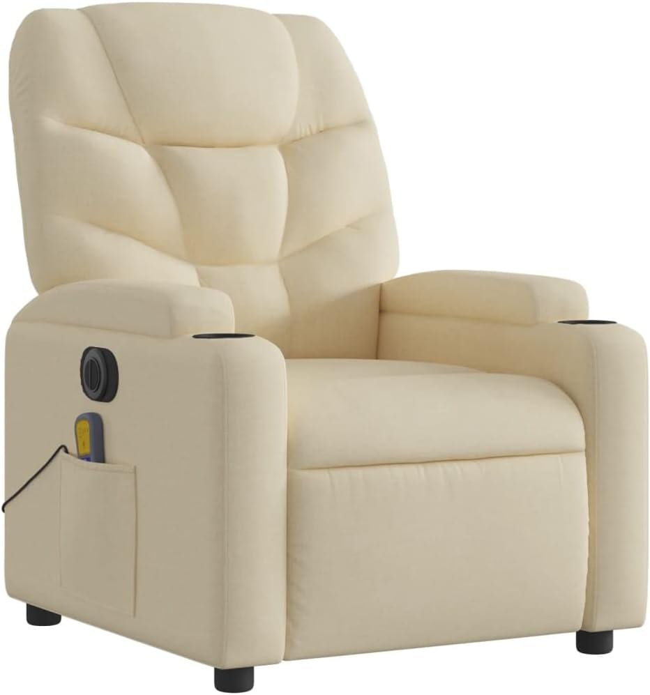 vidaXL Dark Green Manual Massage Recliner Chair - Fabric Upholstered Vibrating Lounge Armchair with Cup Holders for Living Room