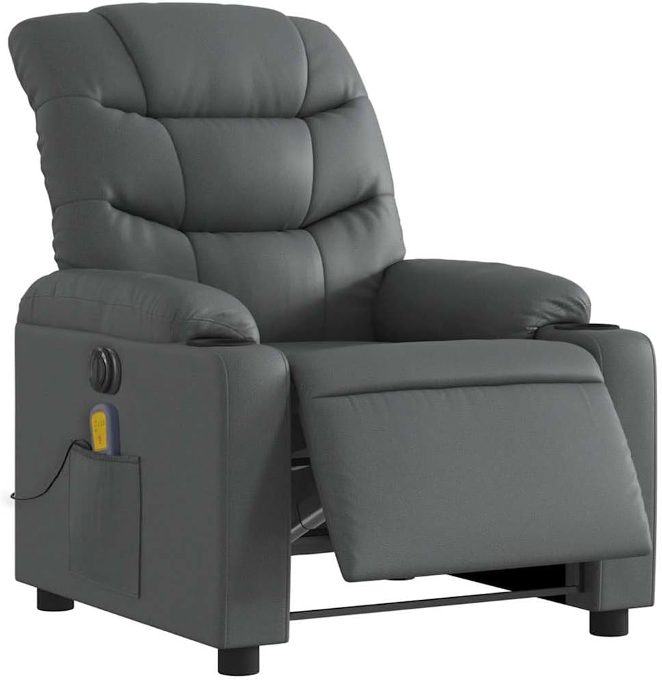 vidaXL Gray Faux Leather Massage Recliner Chair - Manual Reclining Lounge Seat with Cup Holders for Living Room Comfort