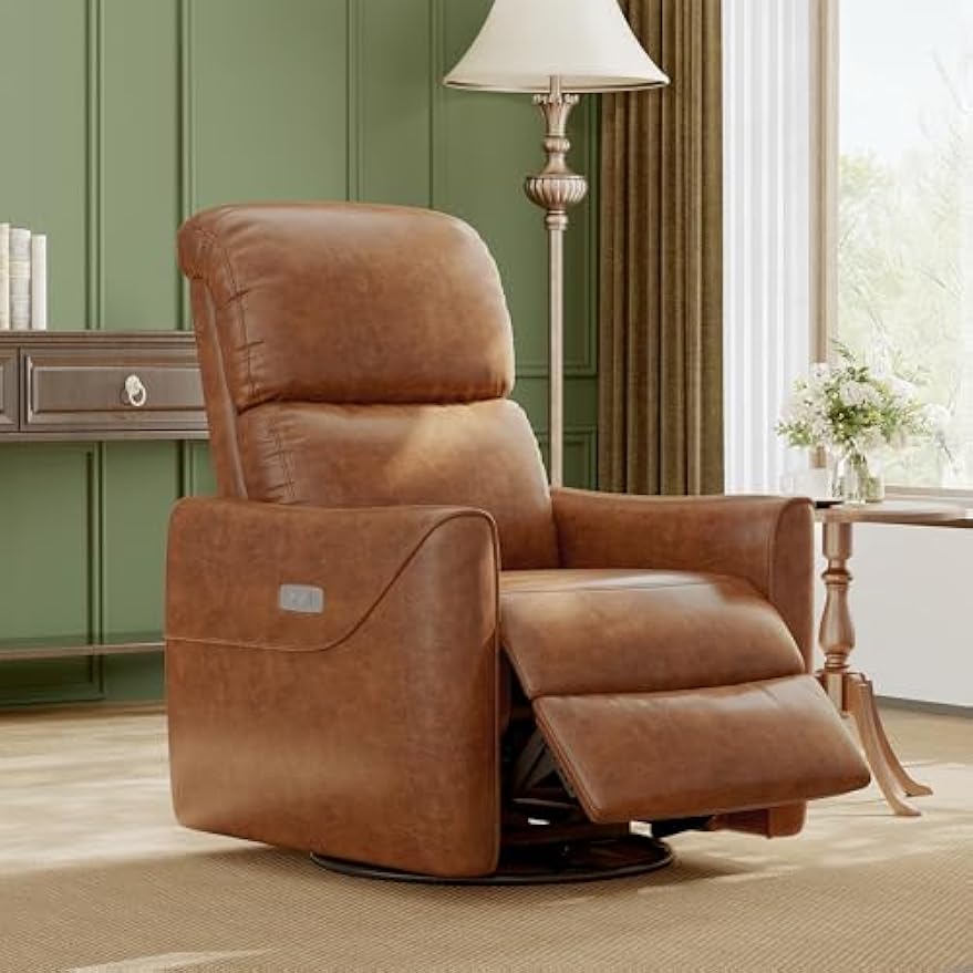 Swivel Rocking Recliner Chair, Power Recliner Glider with Double Handrail & Faux Leather Upholstery, Comfortable Rocker Recliner for Living Room, Bedroom, Nursery (Power, Camel)