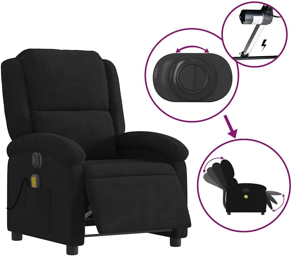 vidaXL Electric Massage Recliner Chair - Wingback Black Velvet Armchair with Vibration Function & Motorized Recline for Living Room/Bedroom