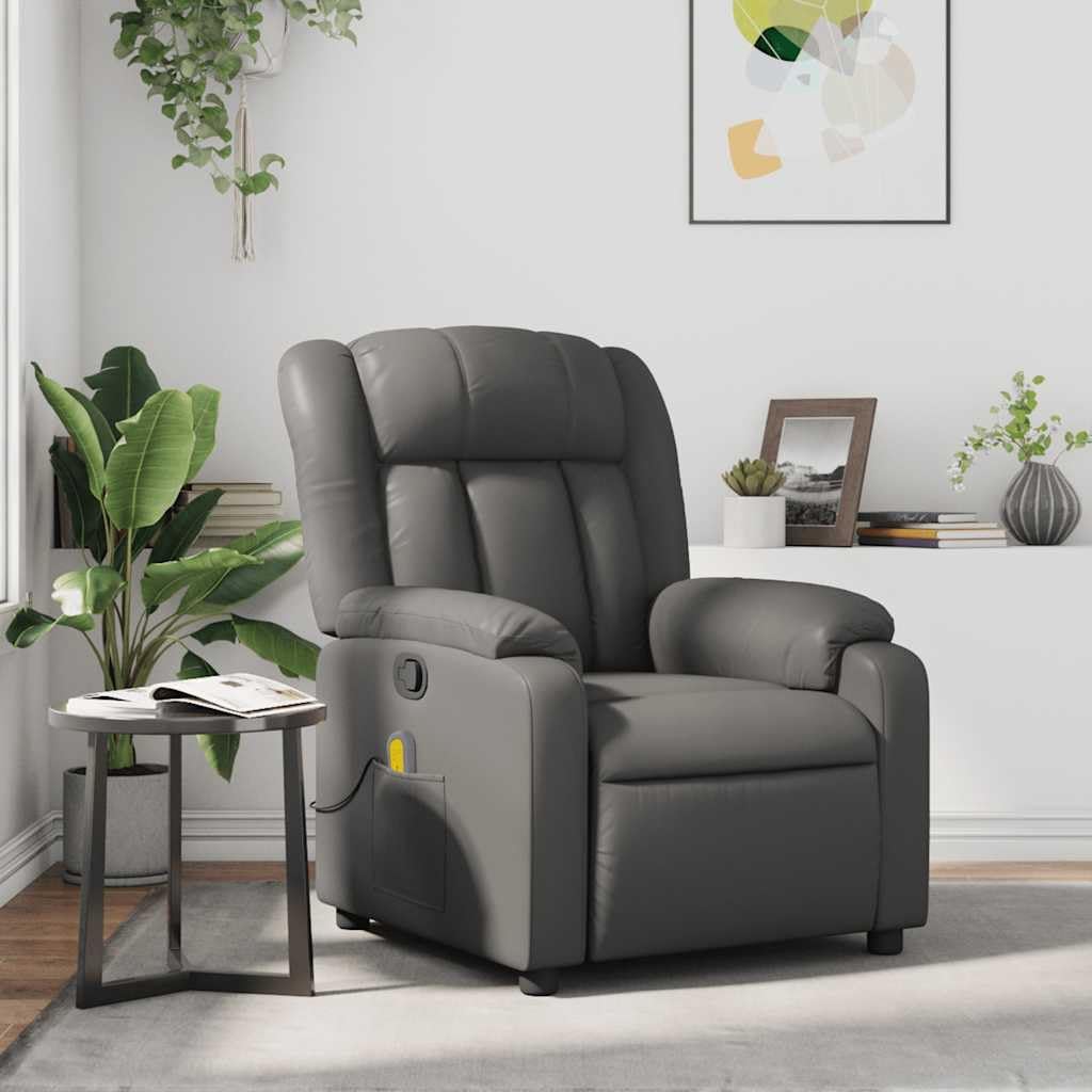 vidaXL Gray Faux Leather Massage Recliner Chair - Manual Recline, Vibration Massage, Side Pocket, Sturdy Frame for Living Room, Lounge