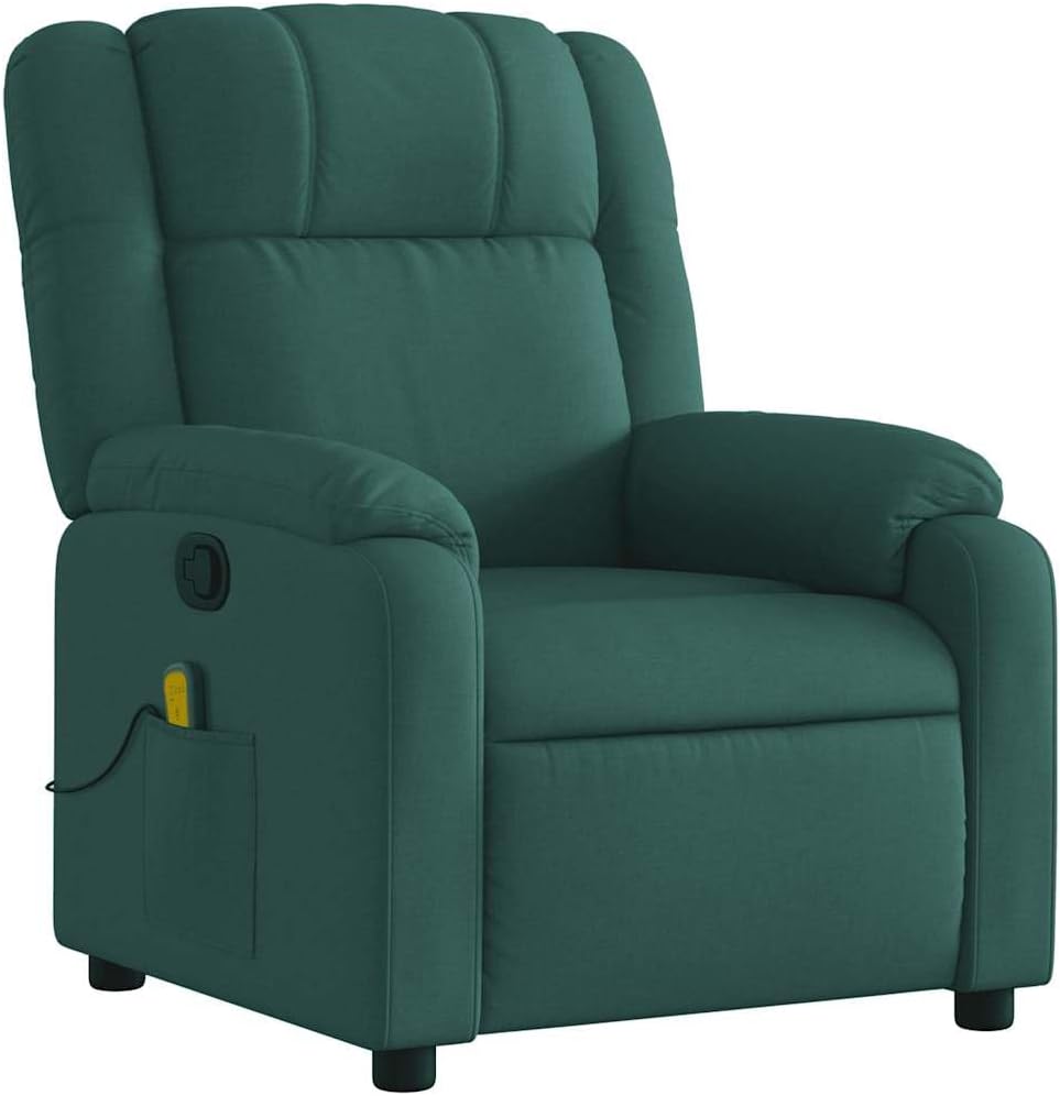 vidaXL Massage Recliner Chair for Living Room, Adjustable Recliner with 6-Point Vibration Massage, Home Theater Seating with Padded Seat Backrest & Side Pocket, Dark Green Fabric