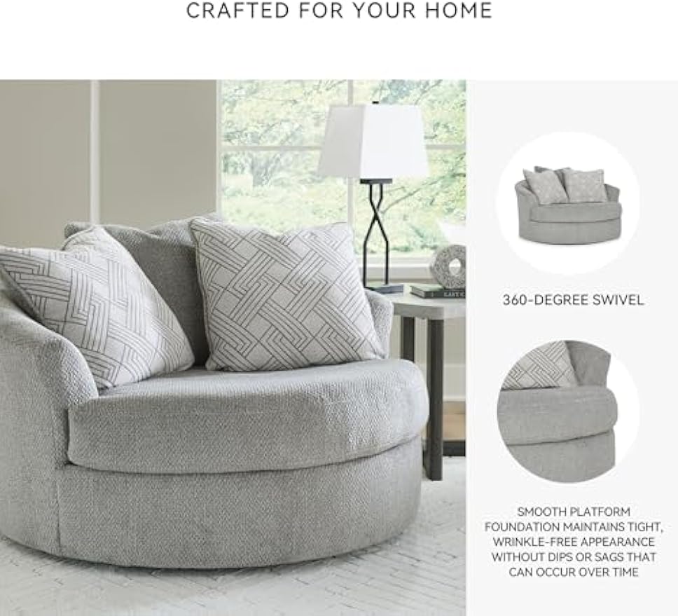 Signature Design by Ashley Casselbury Contemporary Upholstered Oversized Swivel Accent Chair with 3 Throw Pillows, Light Gray