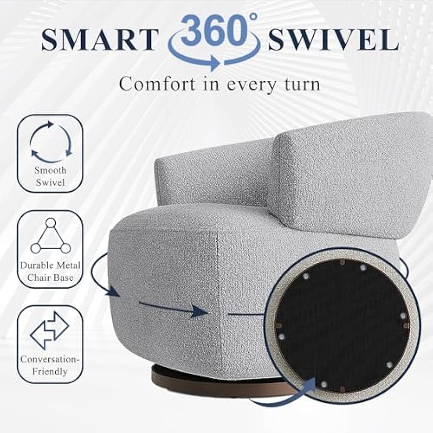 Swivel Barrel Chair, Oversized Accent Chair for Living Room,Lounge Sofa Chair with 360-Degree Base, Upholstered Reading Chair, Modern Round Club Chair for Bedroom, Office, Grey