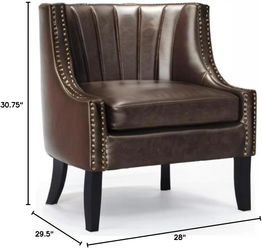 Tommy Hilfiger Dorset Leather Club Chair, Brass Nailhead Accent Trim, High Back Reading Armchair, Traditional Living Room Furniture, Chesterfield Brown