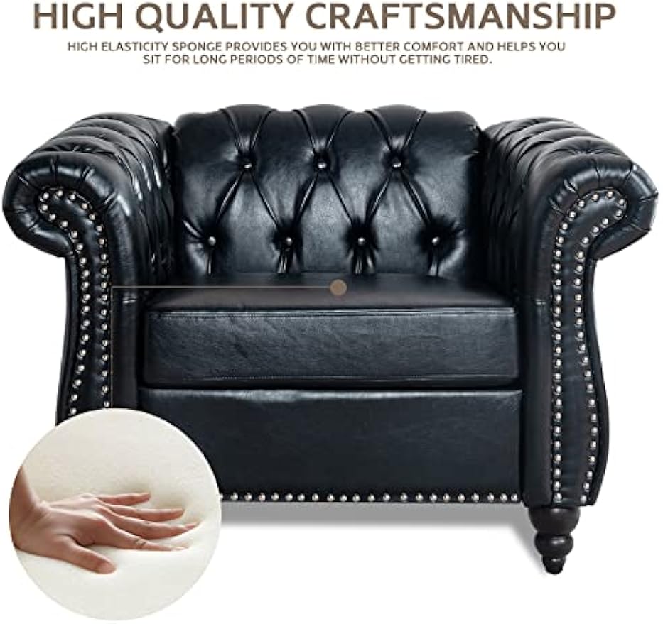 Black Faux Leather Chesterfield Accent Chair with Tufted Upholstery, Wingback Design & Club Style for Living Room, Bedroom, Office Furniture