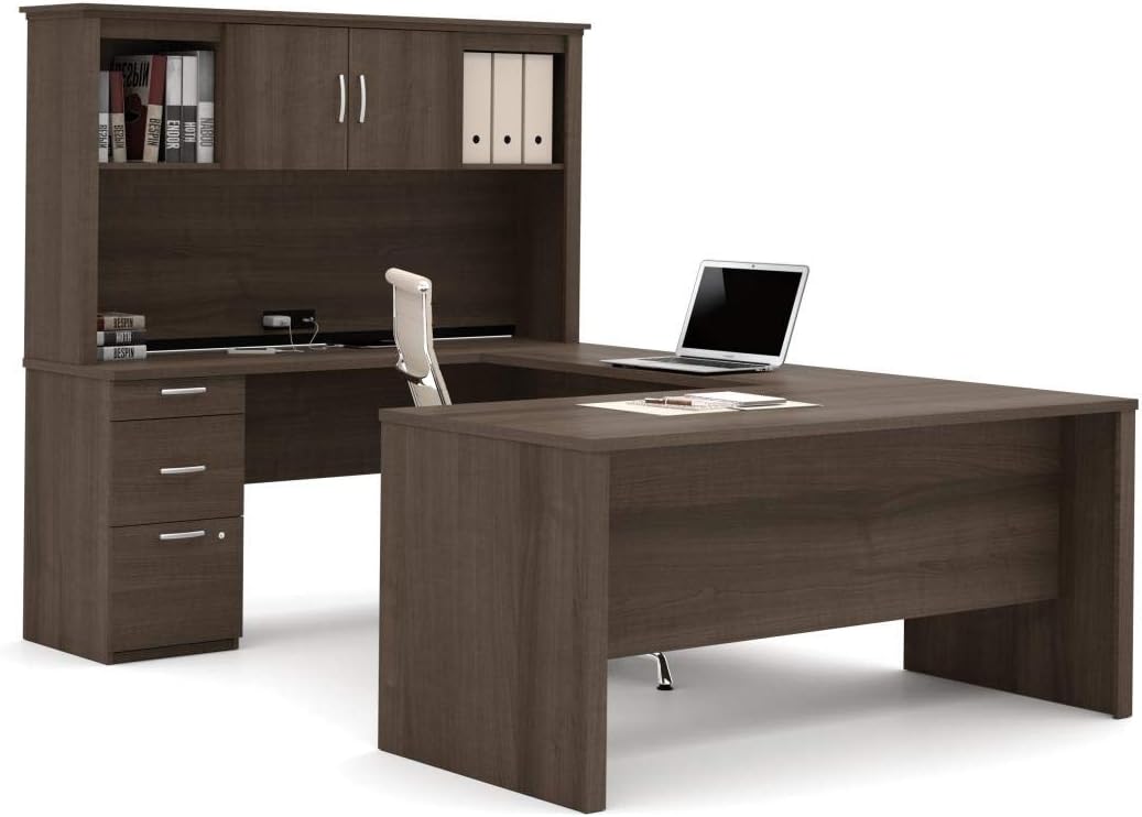 Bestar Logan 66W U or L-Shaped Executive Office Desk with Pedestal and Hutch in Bark Grey, Table Workstation for Personal Home Workspace