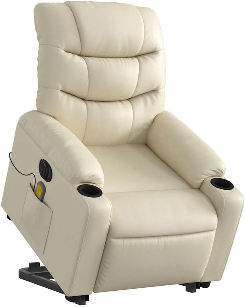 vidaXL Stand Up Power Lift Recliner Chair - Gray Faux Leather Massage Armchair with Cup Holders, Manual Recline for Living Room