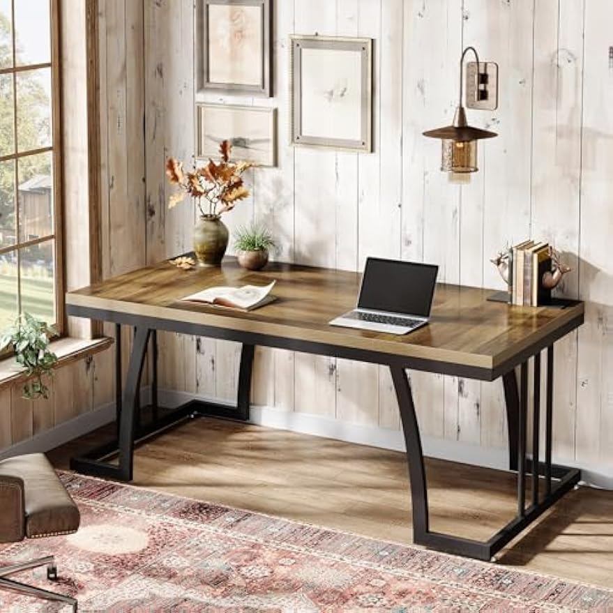 Tribesigns 63" Executive Desk, Large Office Computer Desk with Thick Wooden Desktop & Sturdy Metal Frame, Modern Simple Business Workstation Writing Study Table for Home Office, Rustic Brown & Black