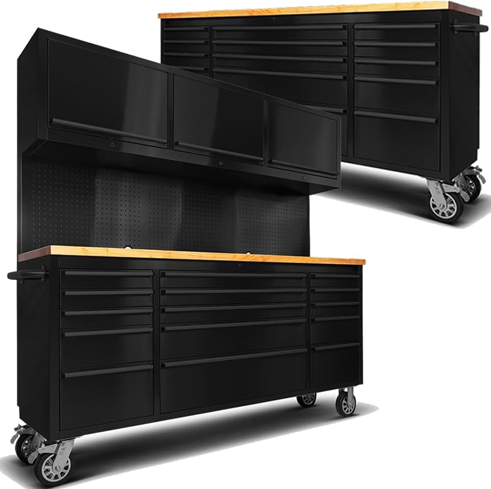 2 Pack - 72" Stainless Steel Rolling Tool Chest with 15 Drawers, Mobile Workbench, Assembled Large Tool Box Lockable Storage Cabinet with Wheels for Garage Workshop (2 × HTC7215W1)