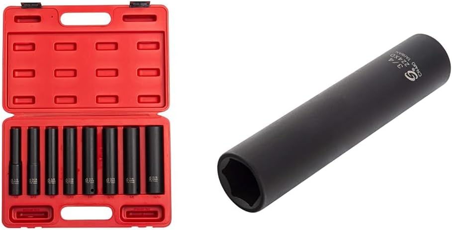 SUNEX TOOLS 2848, 1/2 Inch Drive Impact Socket Set, Extra Long Deep, 8-Piece, SAE, 1/2"-15/16", Cr-Mo Alloy Steel, Radius Corner Design, Dual Size Markings, Heavy Duty Storage Case