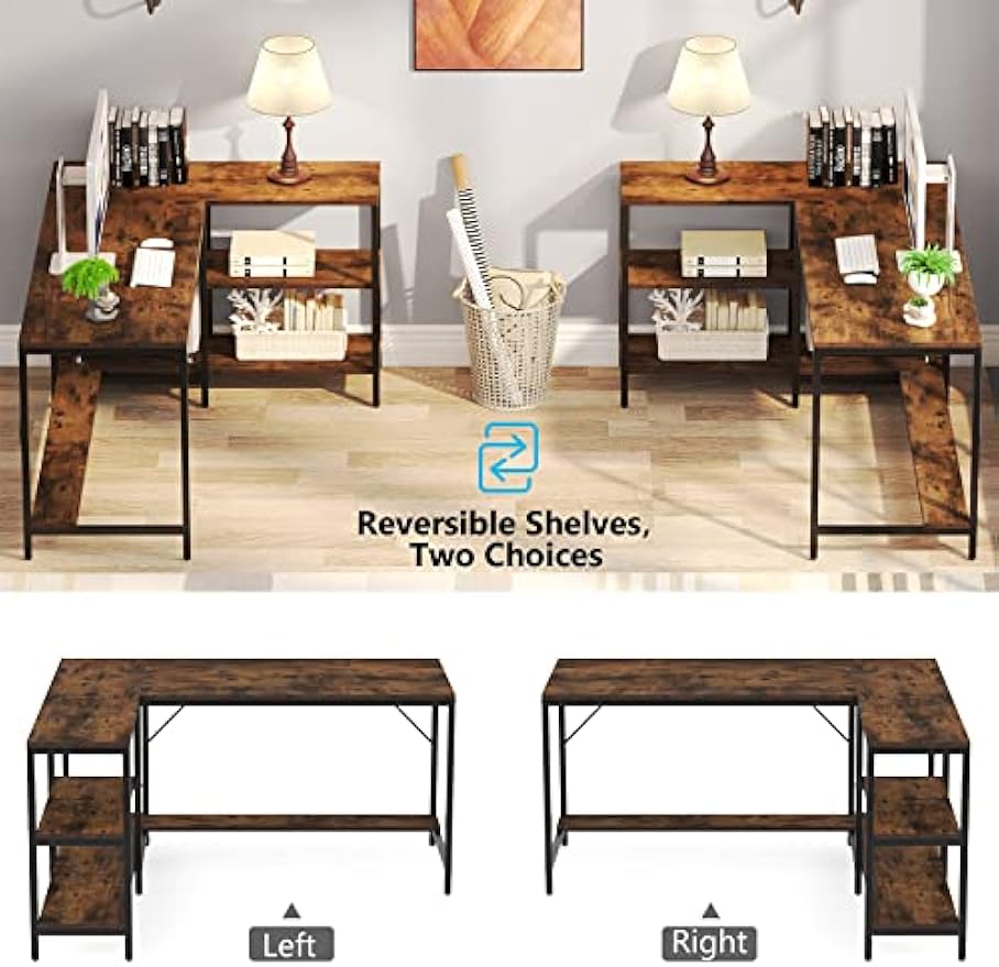 Tribesigns L Shaped Desk with Storage Shelves, Reversible Computer Desk Gaming Desk for Home Office Workstation, Rustic Brown