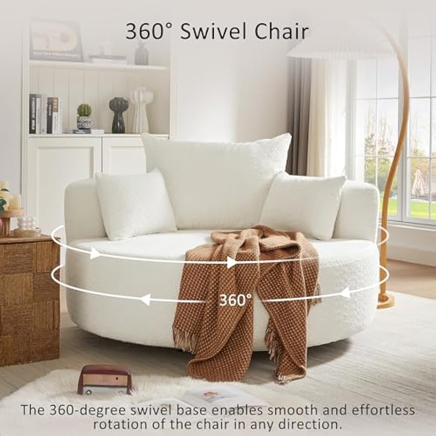 55" Oversized Round Swivel Accent Barrel Chair, Modern 360 Degree Chenille Upholstered Comfy Chaise Lounge Chair Indoor, Deep Seat Single Sofa Armchair for Living Room,Bedroom,Office, Beige