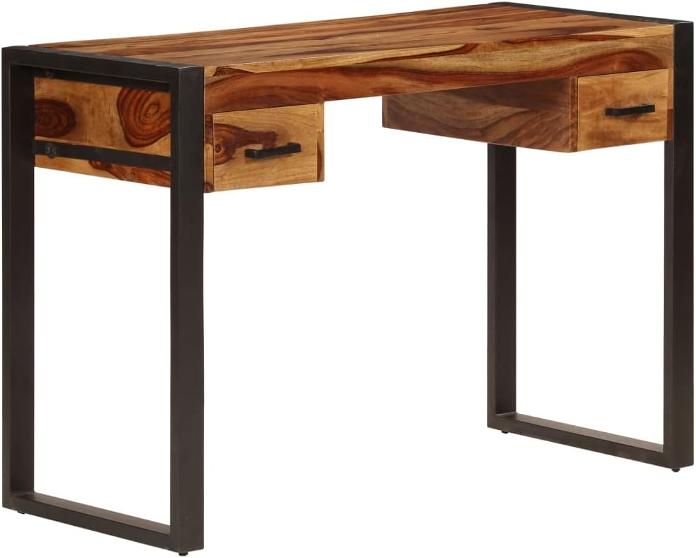 vidaXL Solid Wood Desk - Industrial Style Writing Desk with 2 Drawers, Durable Steel Frame, Multifunctional Home Office Furniture, 43.3"x19.7"x30.3"