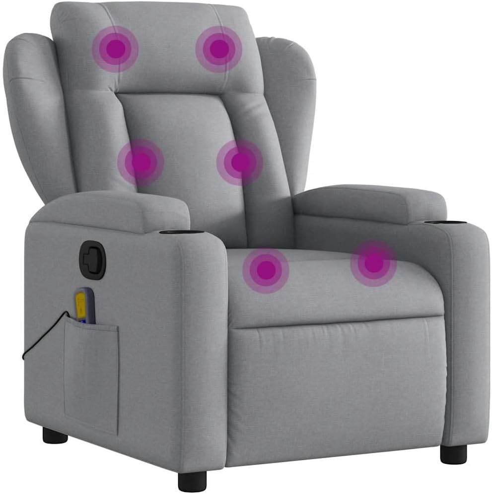 vidaXL Massage Recliner Chair - Cream Fabric - Manual Recliner with 6-Point Vibration Massage, Cup Holders, and Side Pocket for Living Room/Office - Adjustable Footrest and Backrest