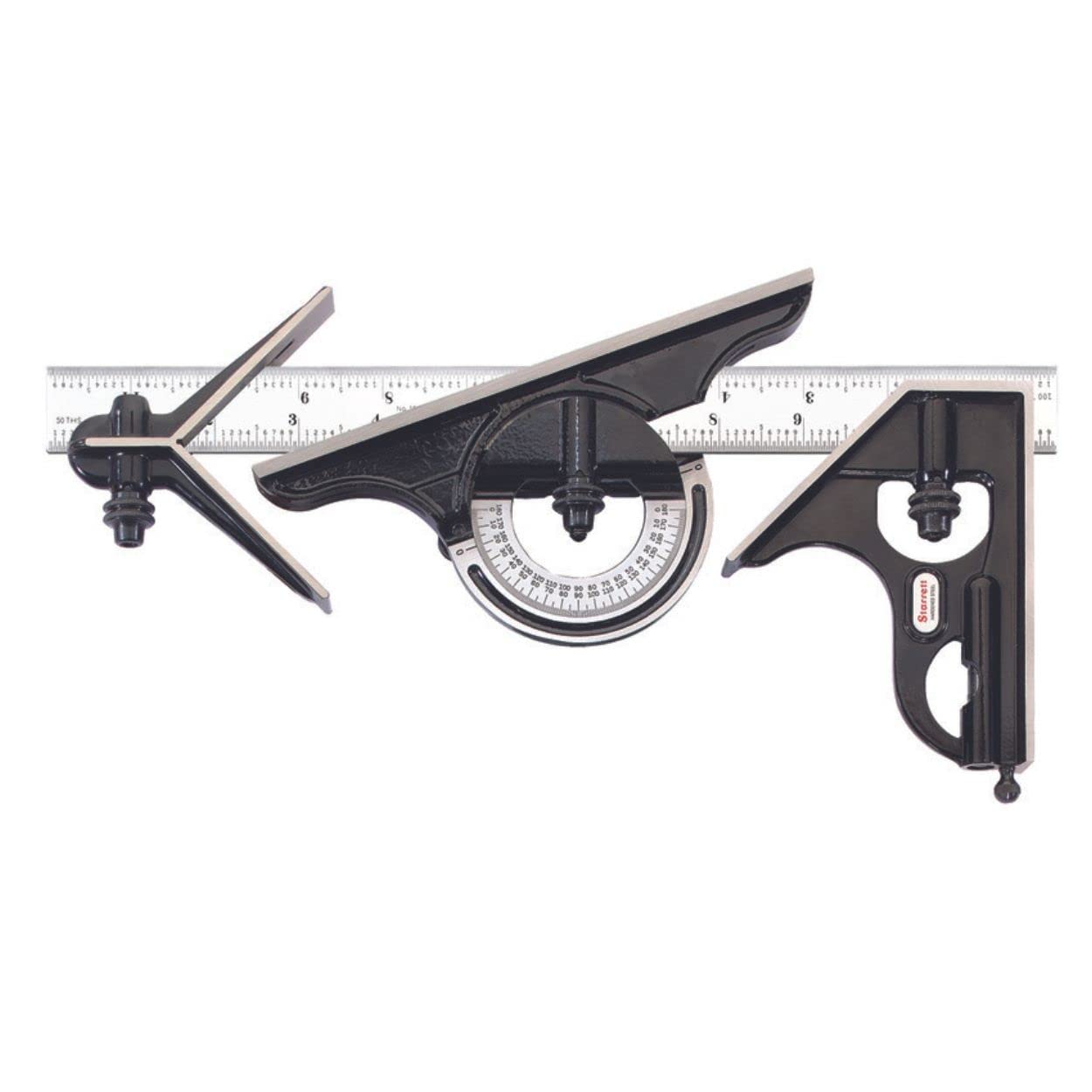 Starrett Combination Set with Square, Center and Reversible Protractor Head and Blade - 12" Blade Length, Forged and Hardened Steel, 16R Graduation Type - C434-12-16R